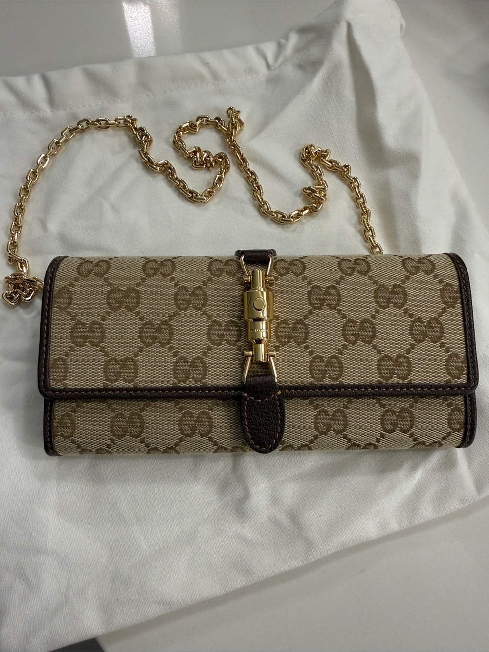 Gucci Brown GG Canvas Chain Crossbody with Gold Hardware